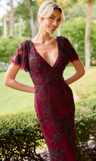 Primavera Couture 13184 - V-Neck Beaded Dress with Flutter Sleeves - detail view