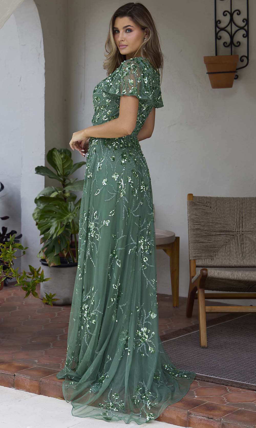 Primavera Couture 13185 - Flutter Sleeve Surplice V-Neck Formal Dress - view 6