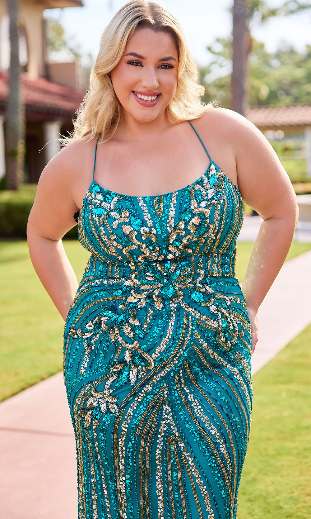 Primavera Couture 14101 - Spaghetti Strap Shimmering Applique Dress - view 7