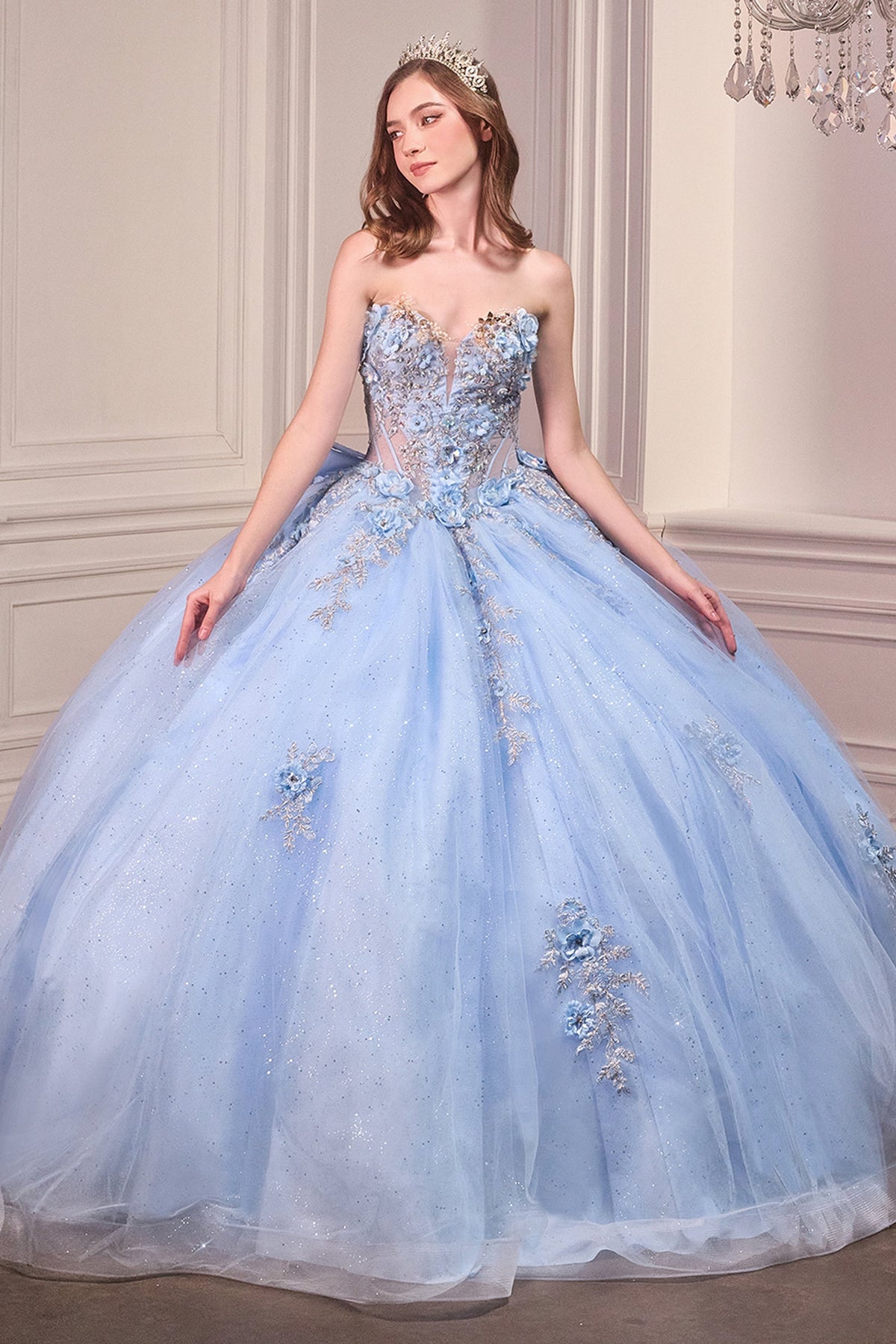 Ladivine 15726 - Glitter Tulle Floral Ball Gown with Bow