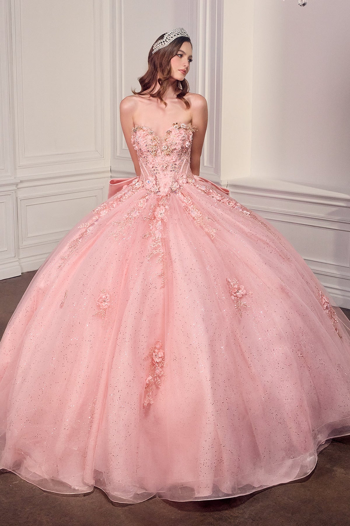 Ladivine 15726 - Glitter Tulle Floral Ball Gown with Bow