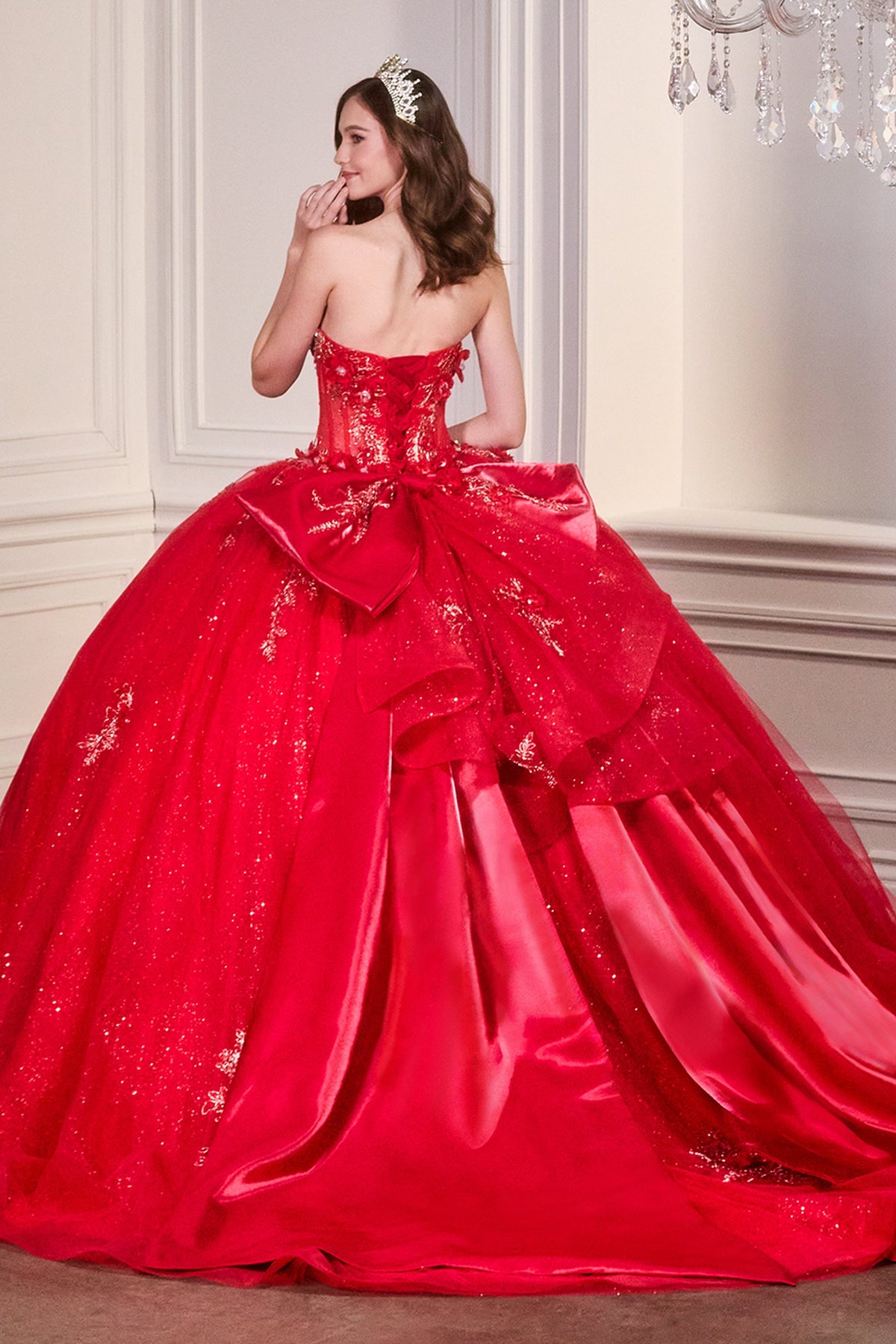 Ladivine 15726 - Glitter Tulle Floral Ball Gown with Bow