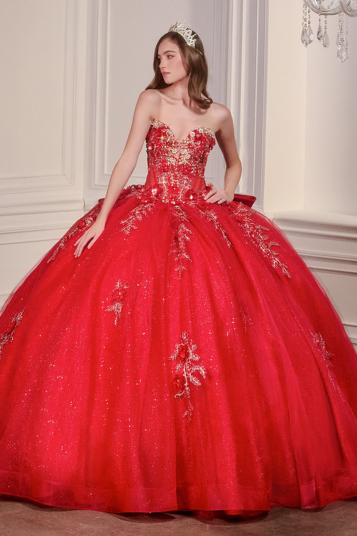 Ladivine 15726 - Glitter Tulle Floral Ball Gown with Bow