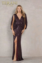 Terani Couture - 2021M2962 Cape Sleeve Sequin Long Dress - designer evening gown at Silhouette Dresses