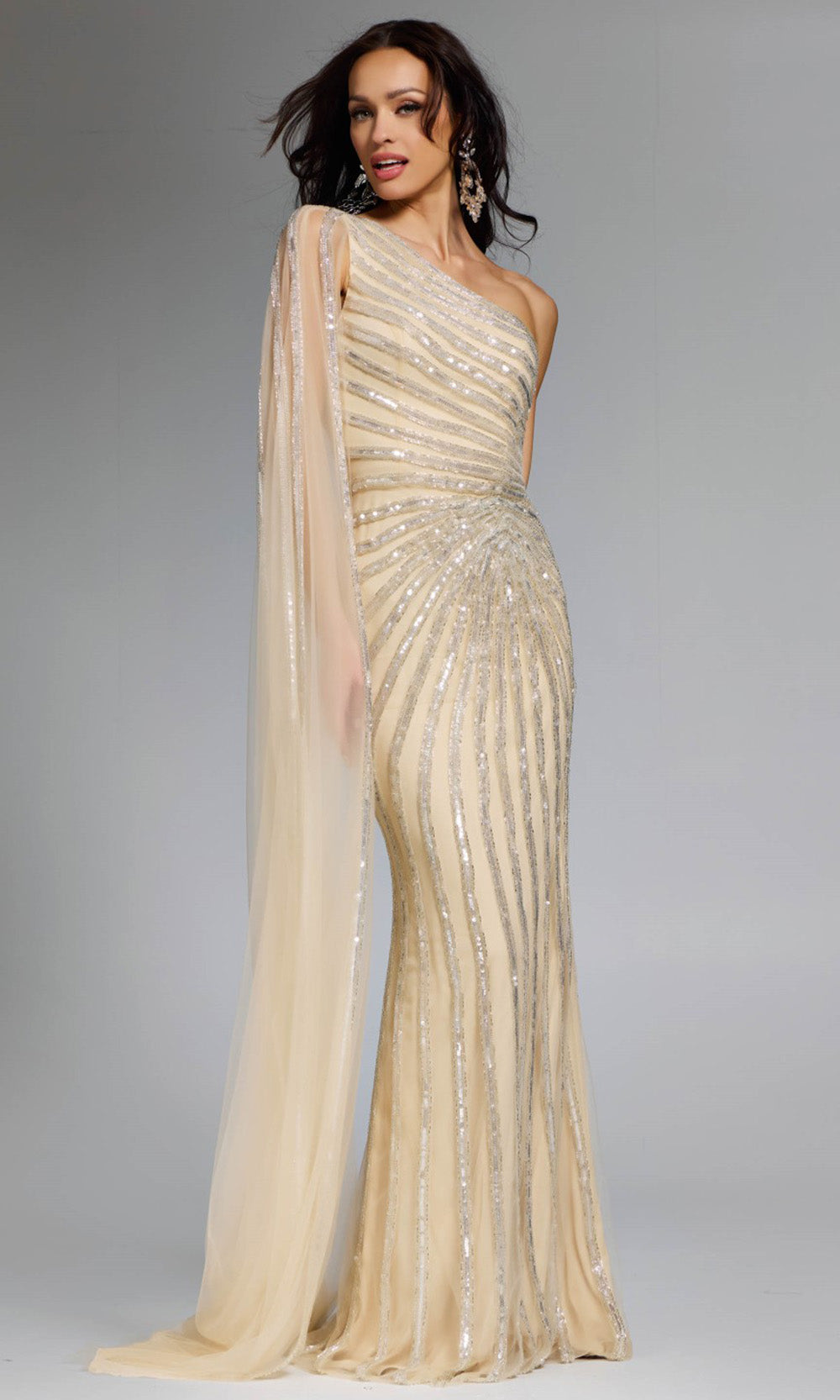 Jovani 23774 - Asymmetric Neck Sequin Sheath Gown - back view