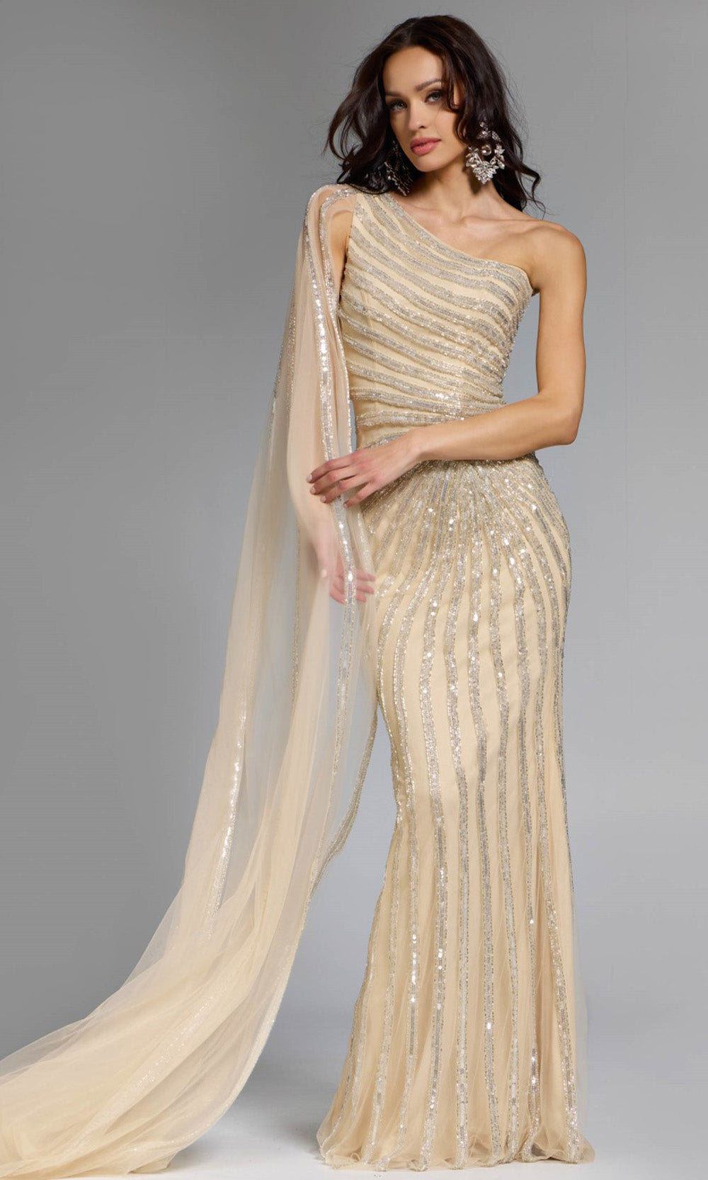 Jovani 23774 - Asymmetric Neck Sequin Sheath Gown - detail view