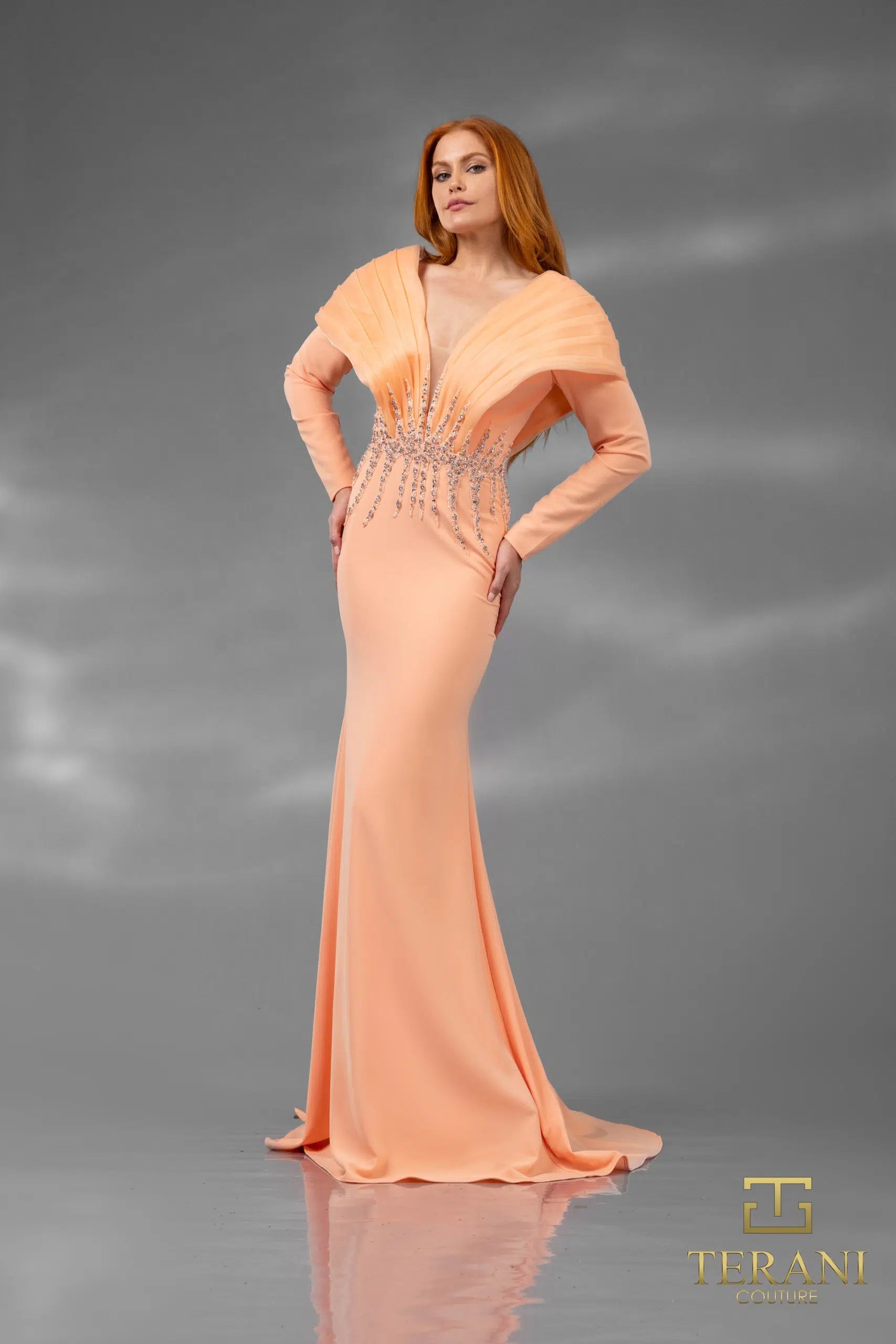 Terani Couture 251E4222 - Long Sleeve Crepe Sheath Evening Dress - back view