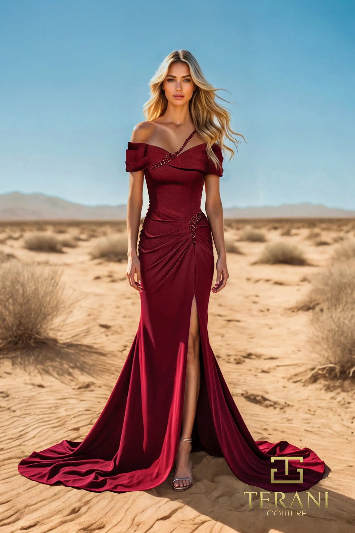Terani Couture 251E4587 - Beaded Strap Off Shoulder Evening Dress - back view