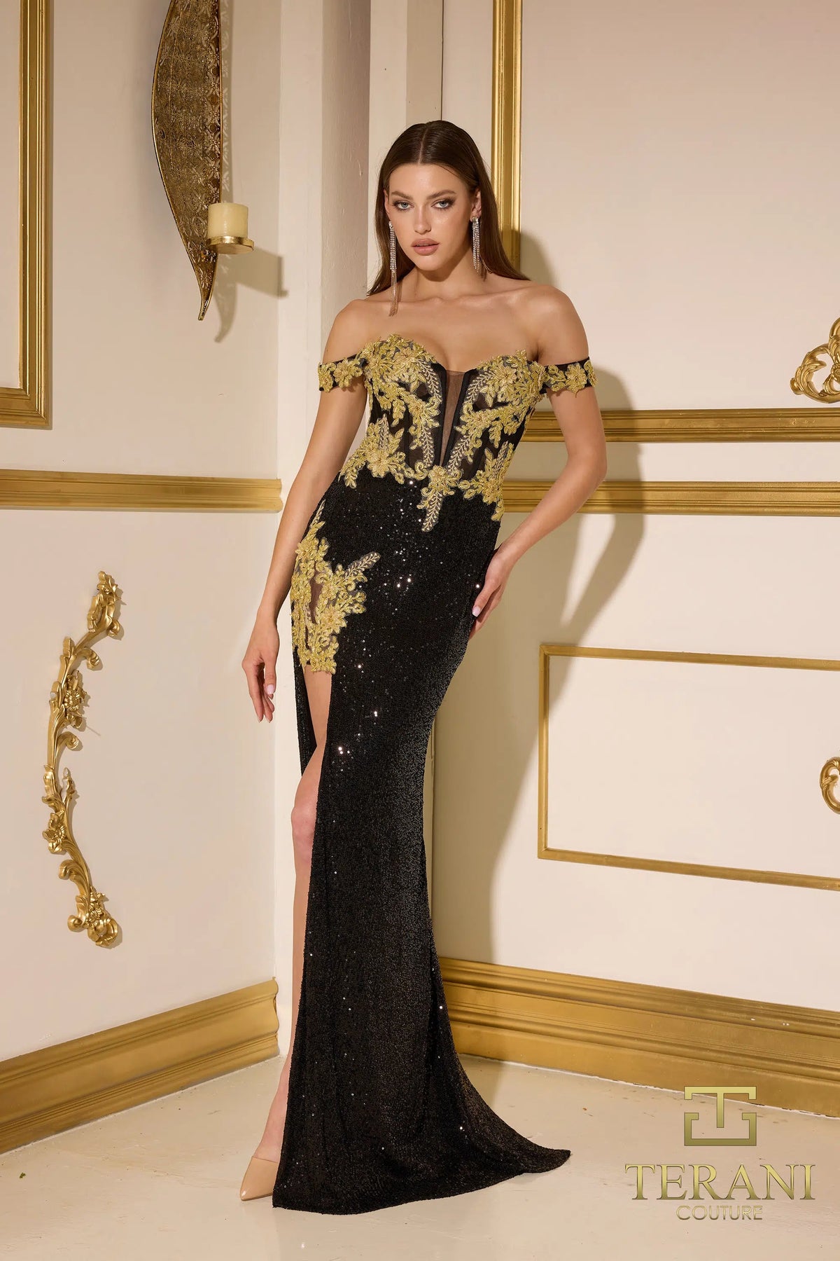 Terani Couture 251P4083 - Plunging Sweetheart Sequin Prom Dress - detail view