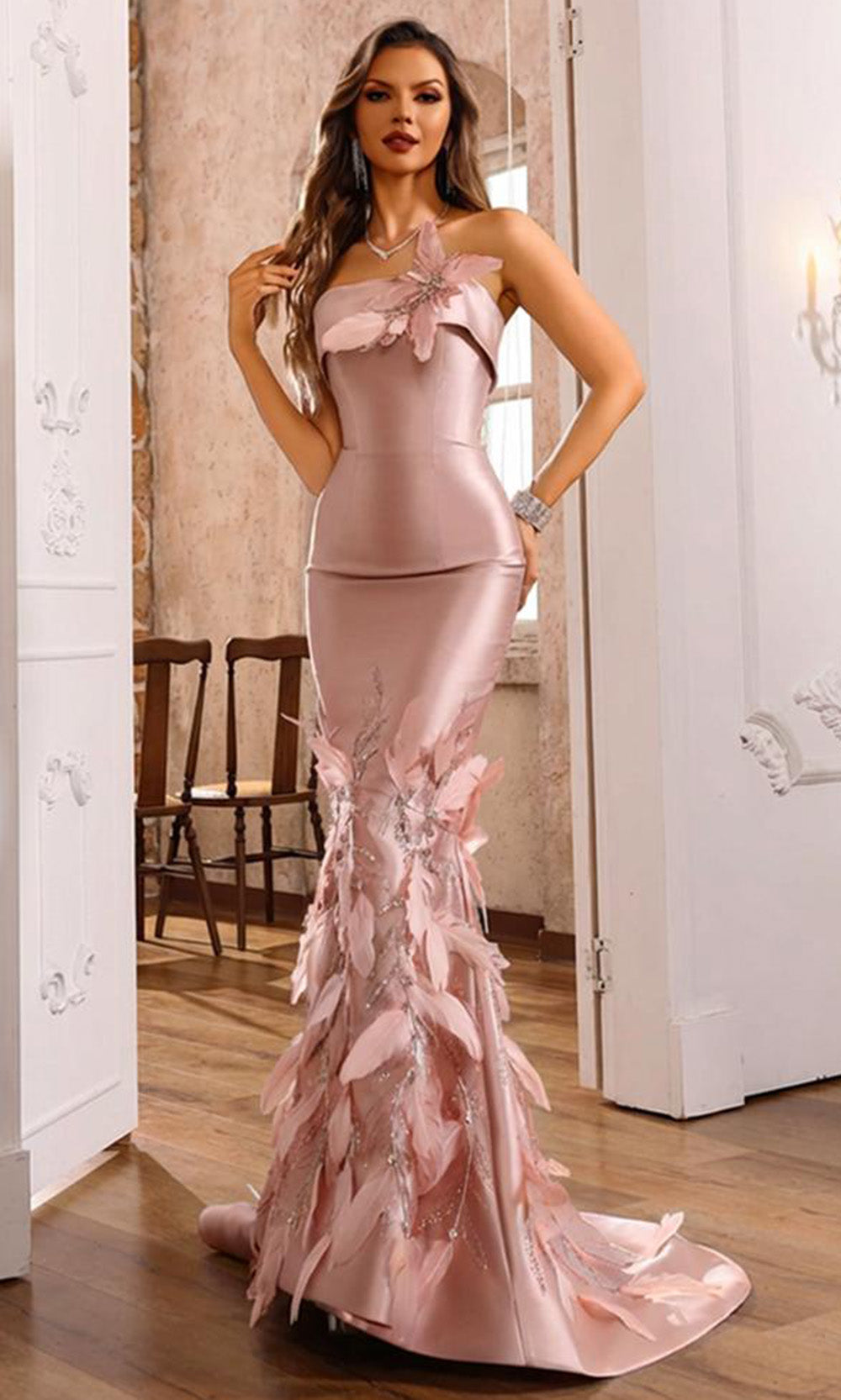 Terani Couture 251E4226 - Straight Neck Feather Accent Evening Gown - view 6