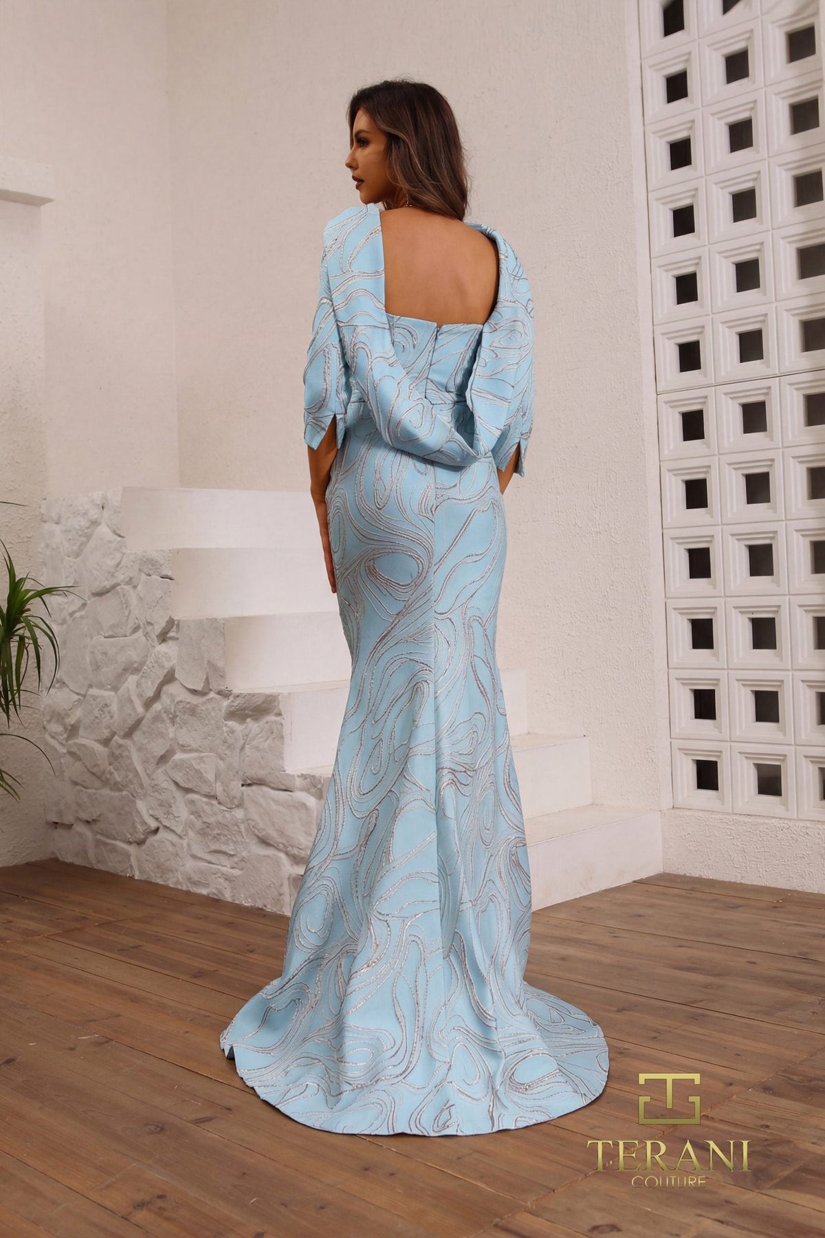 Terani Couture 251M4455 - Quarter Sleeved Jacquard Evening Dress - view 4