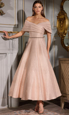 Terani Couture 252C5022 - Pleated Off Shoulder Tea-Length Dress - back view