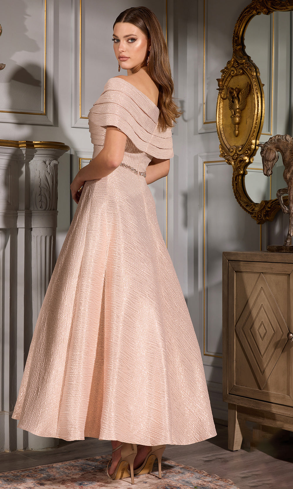 Terani Couture 252C5022 - Pleated Off Shoulder Tea-Length Dress - detail view