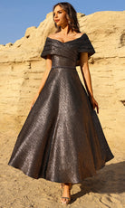 Terani Couture 252C5022 - Pleated Off Shoulder Tea-Length Dress - designer cocktail dress at Silhouette Dresses