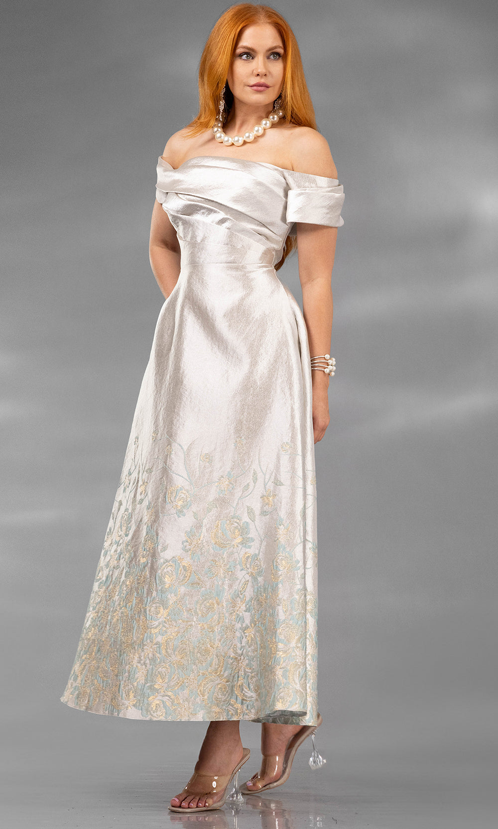 Terani Couture 252C5508 - Off Shoulder Floral Jacquard Dress - designer cocktail dress at Silhouette Dresses