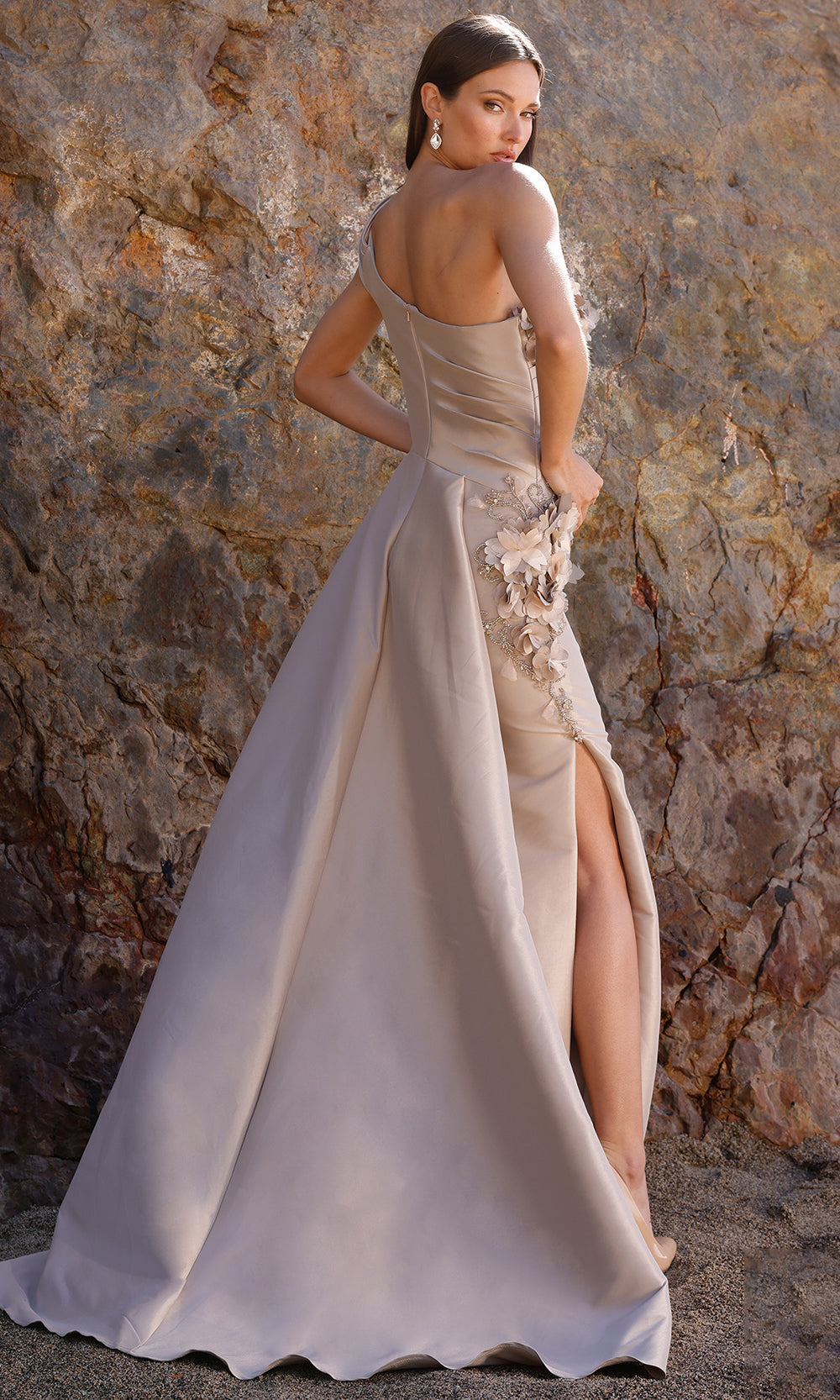 Terani Couture 252E5116 - Floral One Shoulder Column Gown - back view