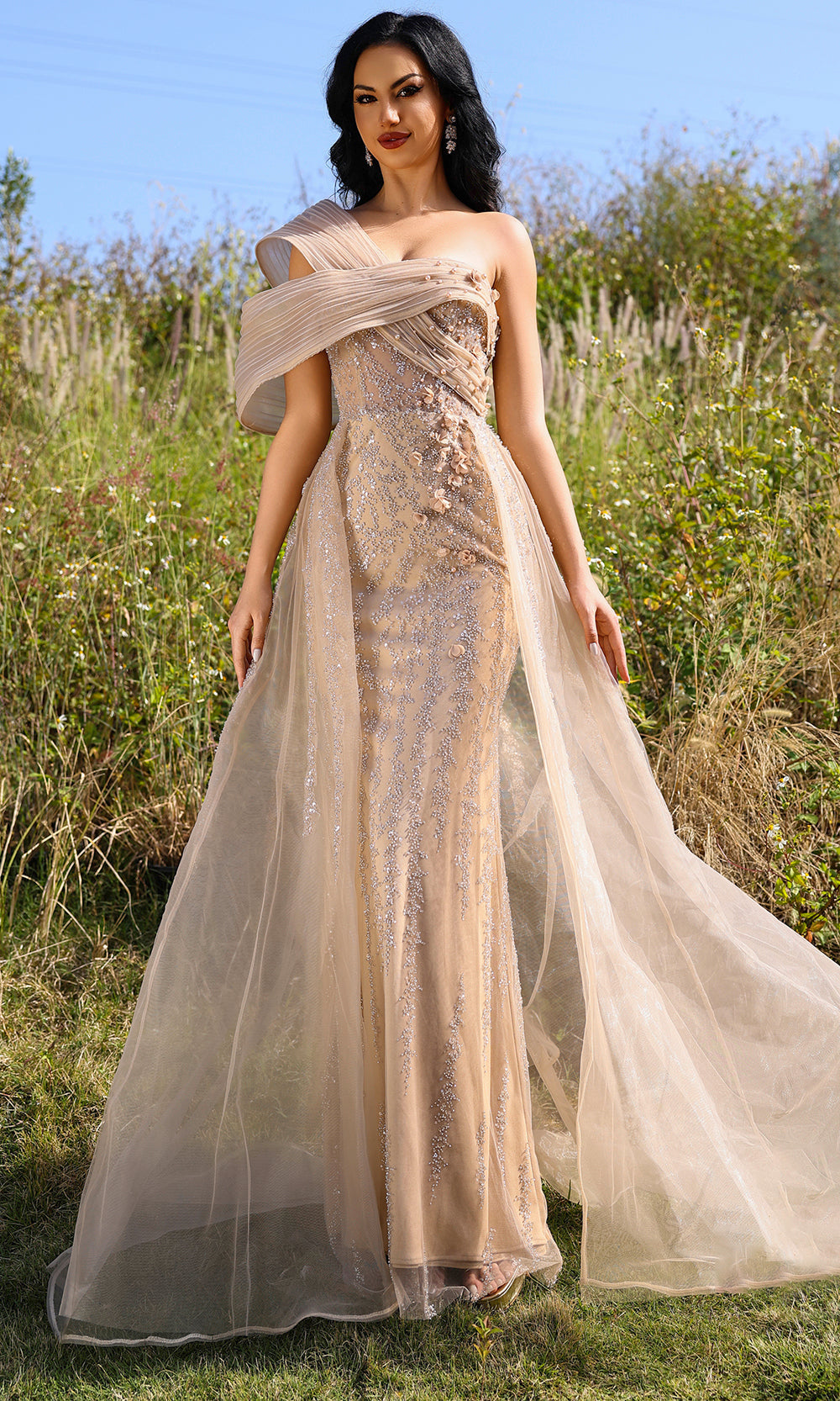 Terani Couture 252E5125 - One Shoulder Tulle Gown with Overskirt - designer evening gown at Silhouette Dresses