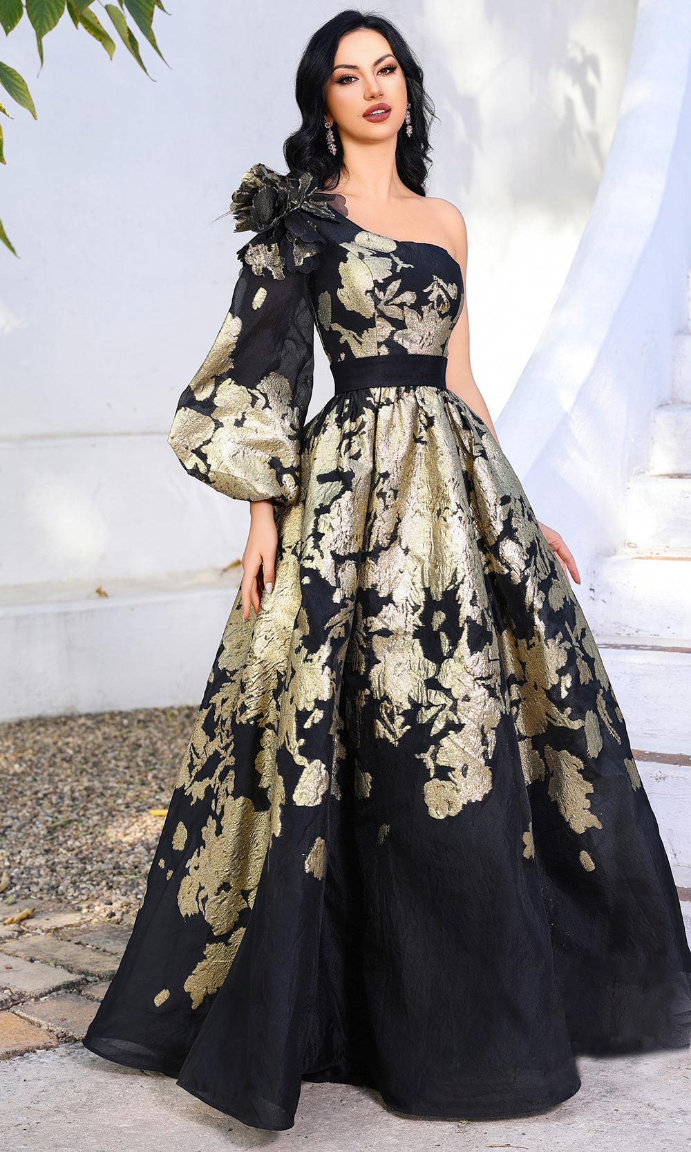 Terani Couture 252E5140 - One Shoulder Metallic Floral Ballgown - designer ball gown at Silhouette Dresses