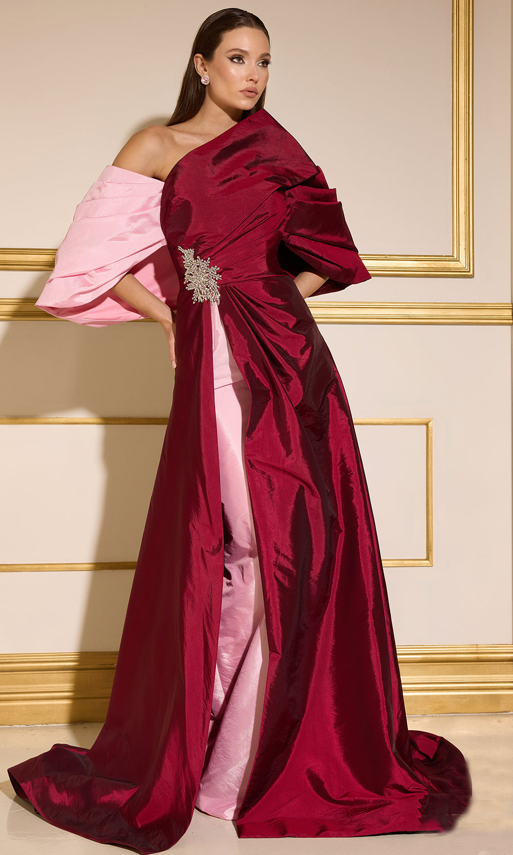 Terani Couture 252E5141 - Dramatic Sleeve Taffeta Gown with Overskirt - back view