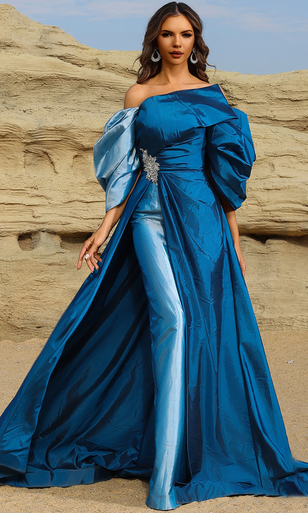 Terani Couture 252E5141 - Taffeta Gown Dramatic Sleeve Overskirt - designer mother of the bride dress at Silhouette Dresses