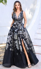Terani Couture 252E5145 - Plunging Neckline Metallic Organza Gown - designer evening gown at Silhouette Dresses