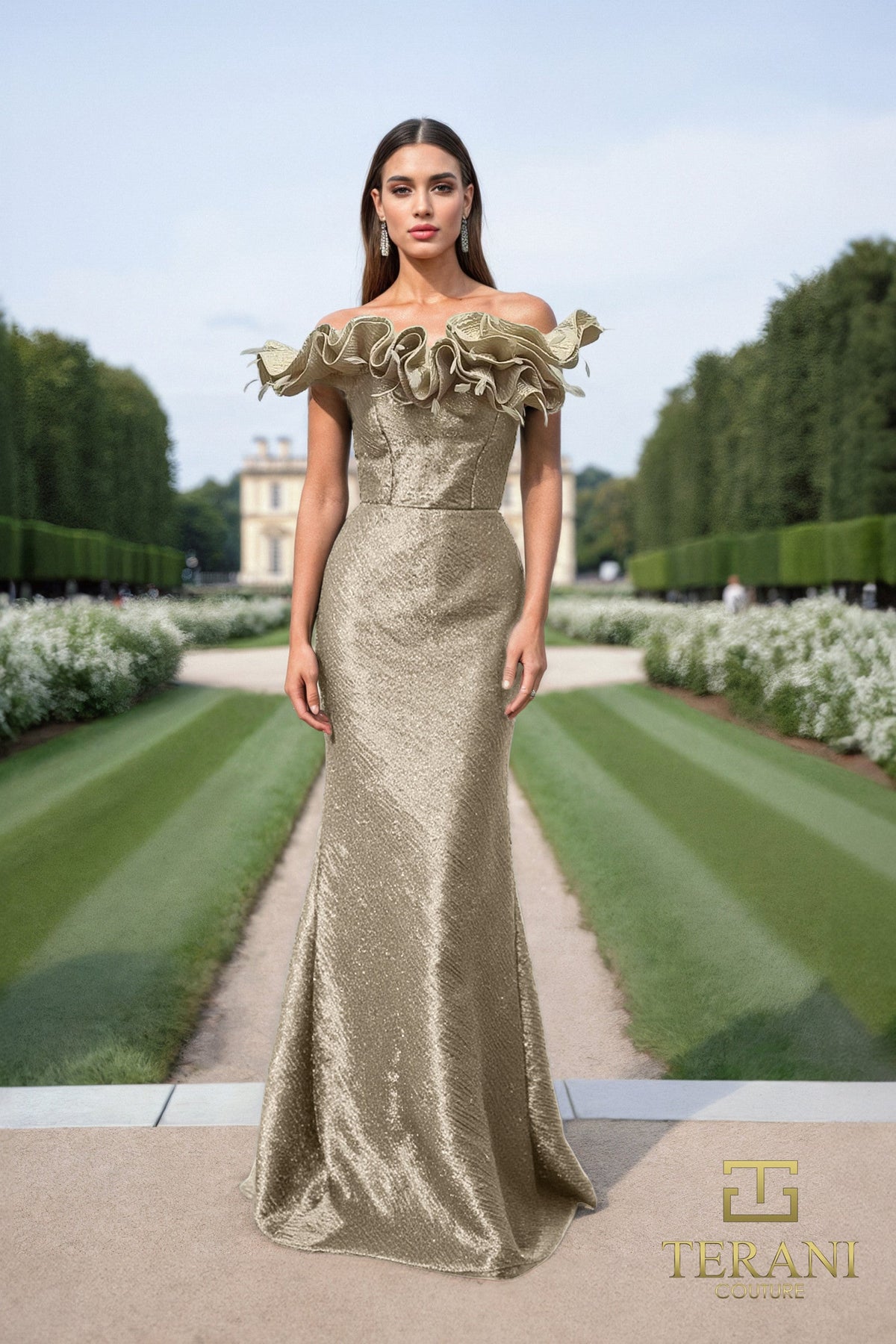 Terani Couture 252E5156 - Ruffled Off Shoulder Metallic Gown - view 6