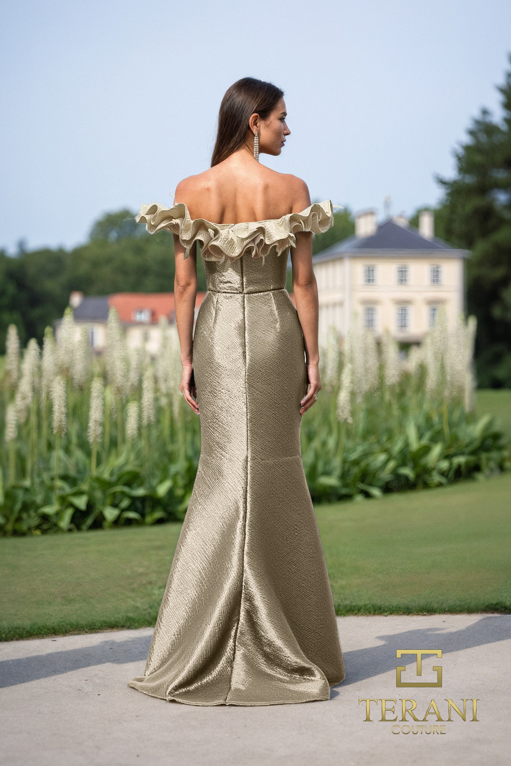 Terani Couture 252E5156 - Ruffled Off Shoulder Metallic Gown - view 7