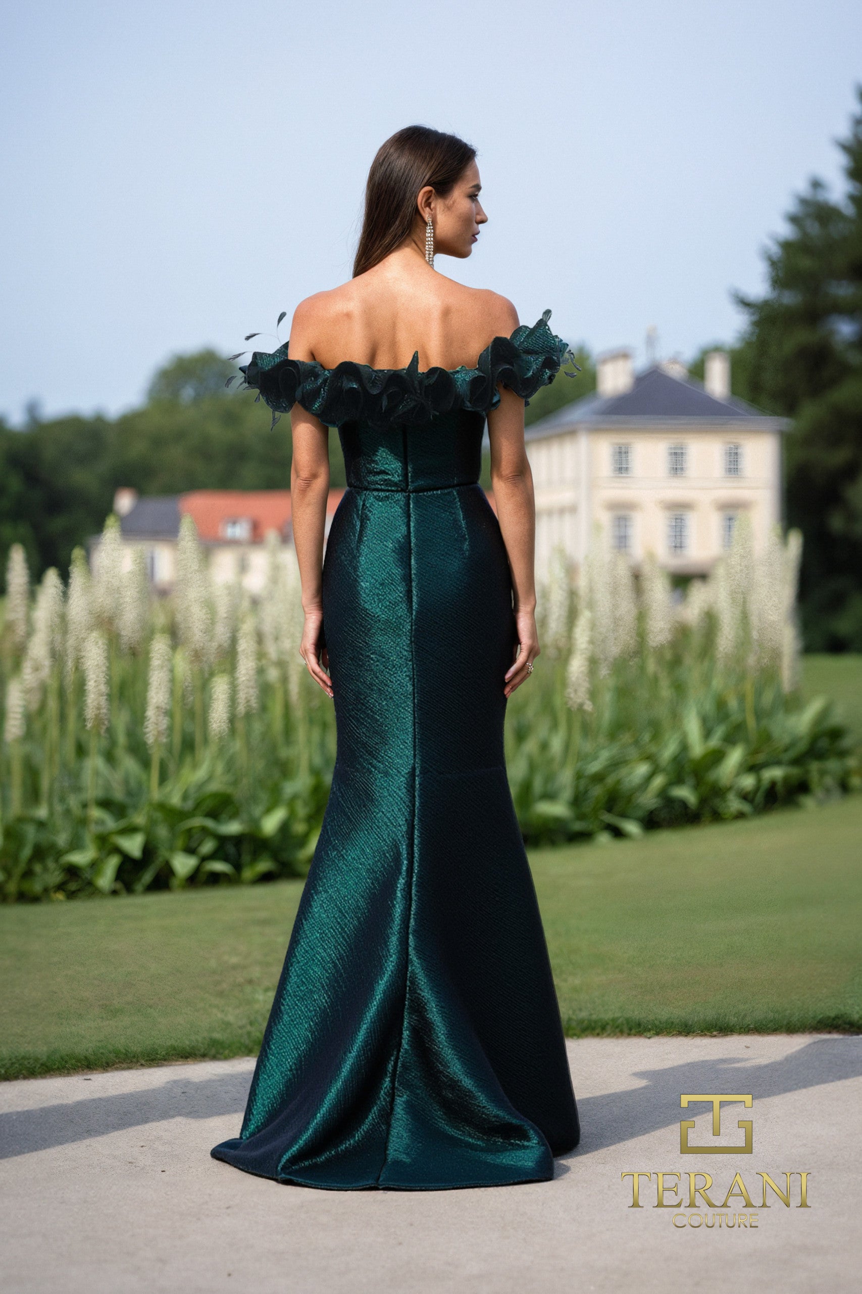 Terani Couture 252E5156 - Ruffled Off Shoulder Metallic Gown - view 4
