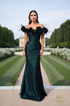 Terani Couture 252E5156 - Ruffled Off Shoulder Metallic Gown - back view