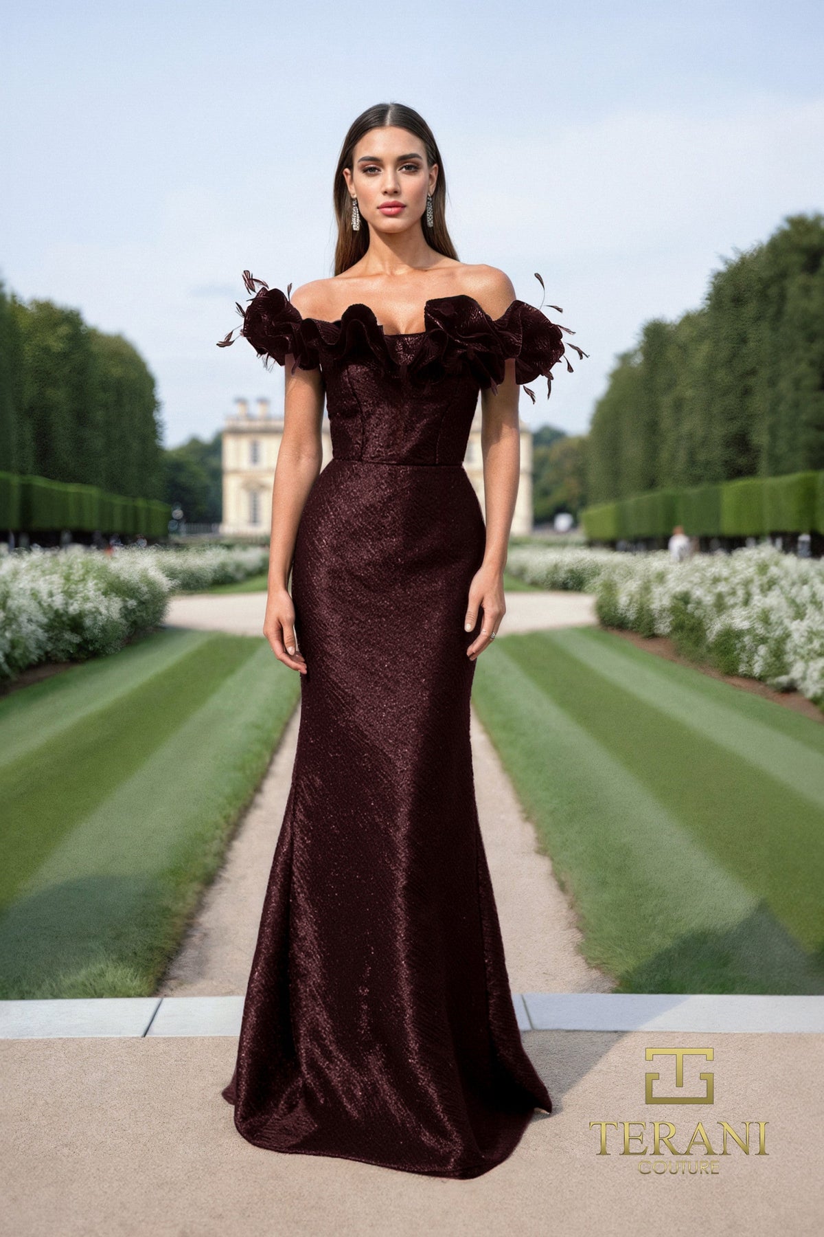 Terani Couture 252E5156 - Ruffled Off Shoulder Metallic Gown - detail view