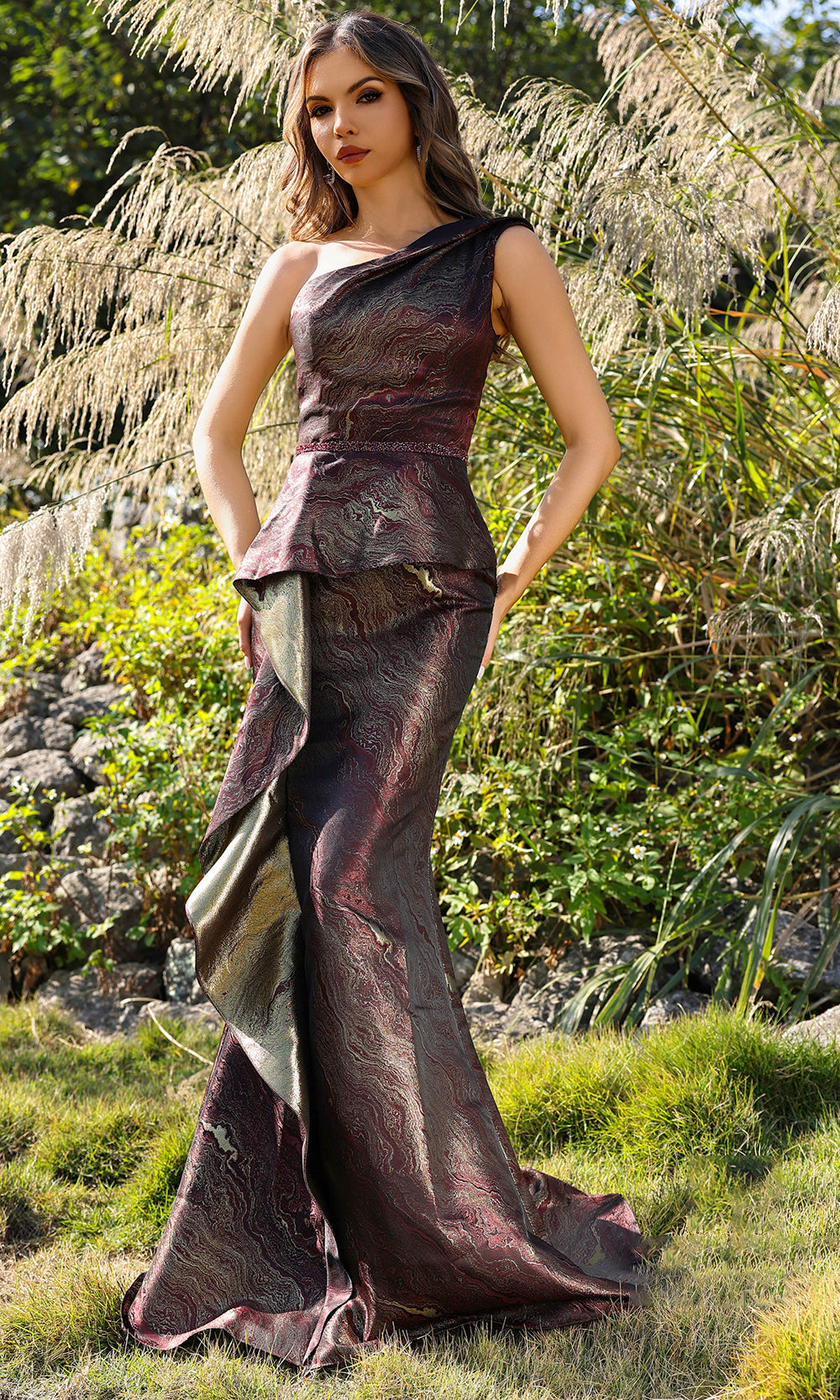 Terani Couture 252E5159 - One Shoulder Jacquard Sheath Gown - designer evening gown at Silhouette Dresses