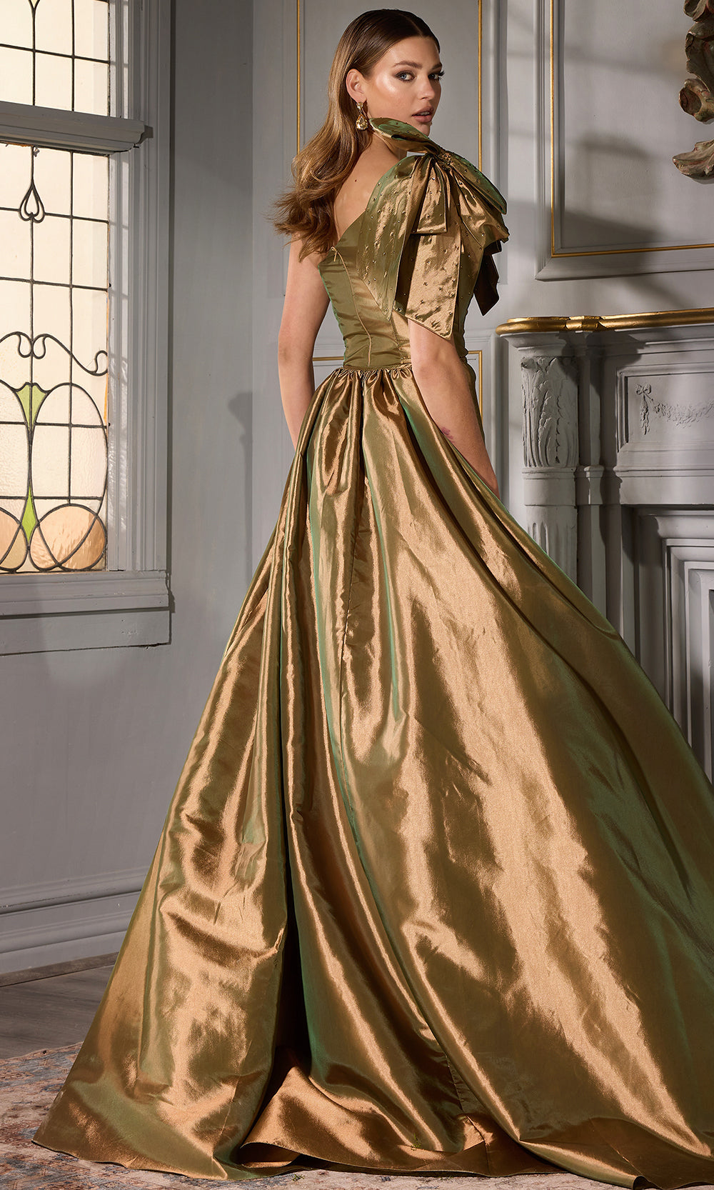 Terani Couture 252E5531 - Bow Shoulder Column Gown with Overskirt - detail view
