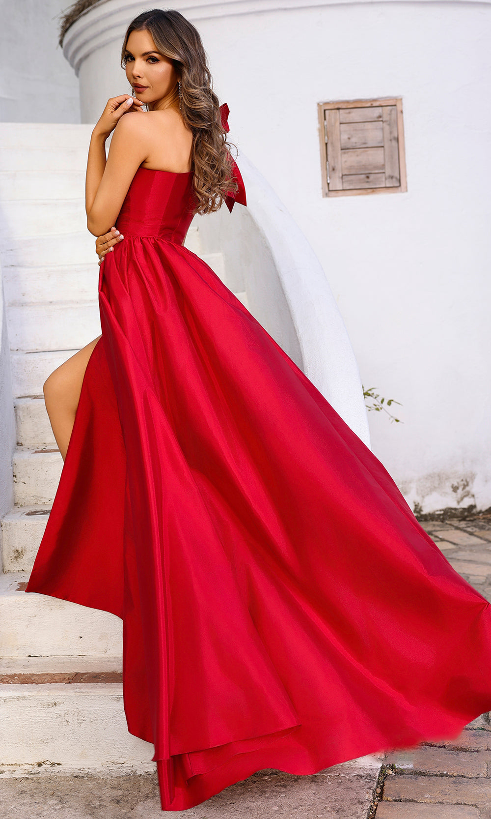 Terani Couture 252E5531 - Bow Shoulder Column Gown with Overskirt - back view