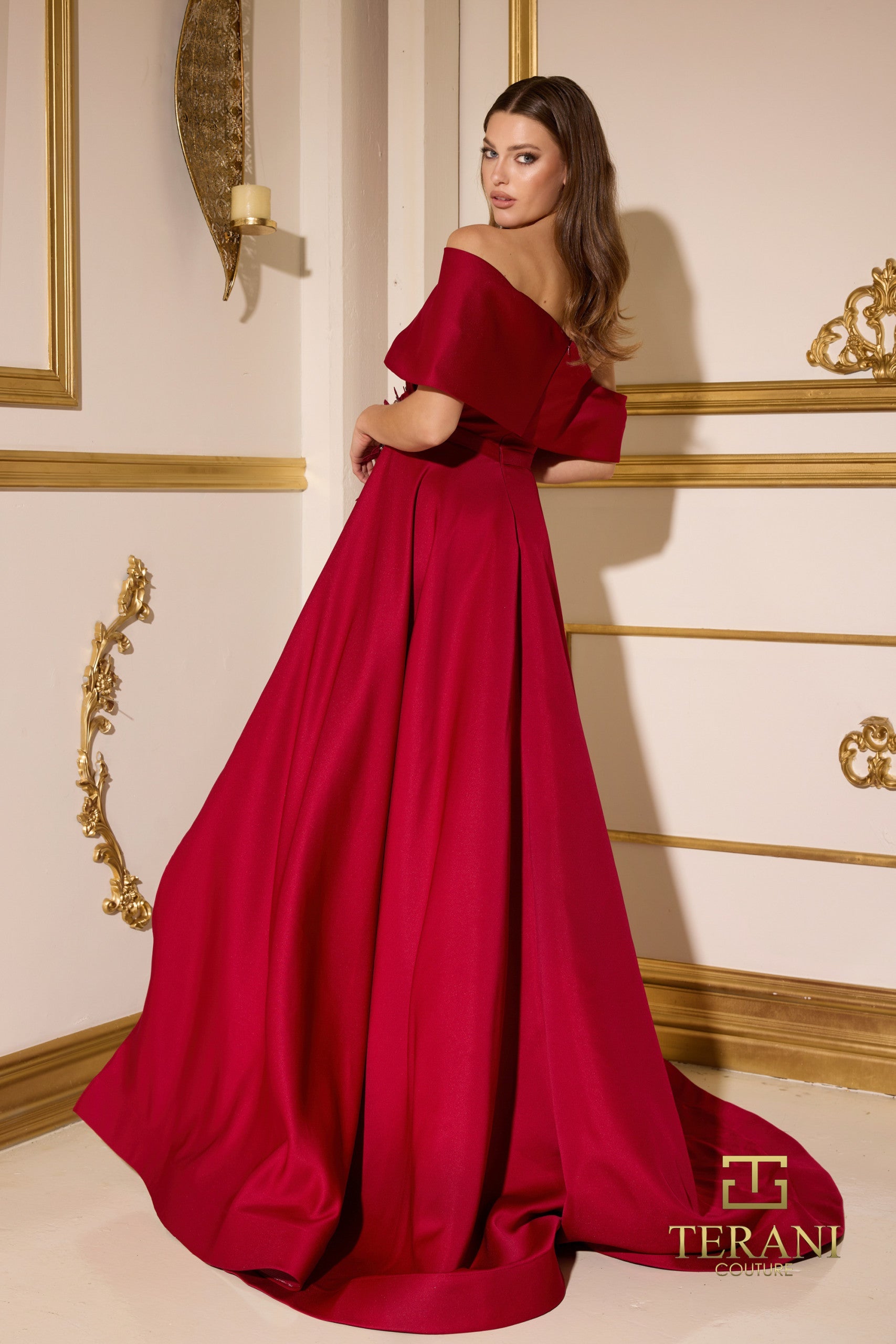 Terani Couture 252M5312 - Ruched Detail Off Shoulder Gown with Slit - detail view