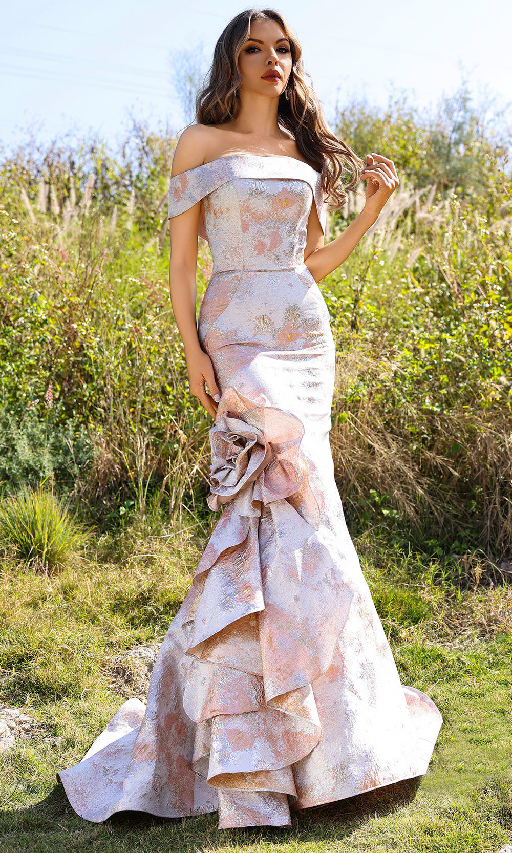 Terani Couture 252M5318 - Metallic Off Shoulder Mermaid Gown - designer mother of the bride dress at Silhouette Dresses