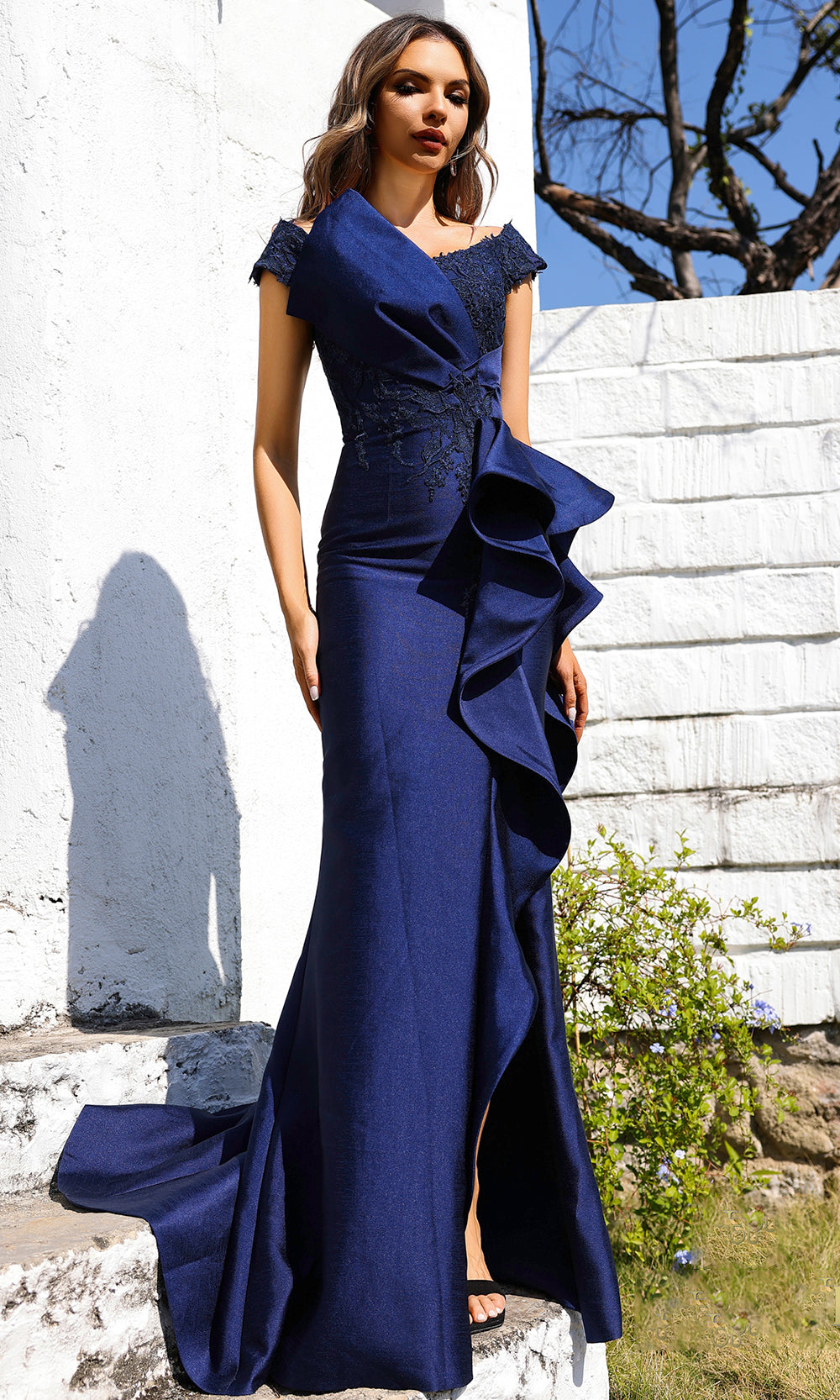 Terani Couture 252M5521 - Off Shoulder Ruffle Fitted Gown - designer mother of the bride dress at Silhouette Dresses