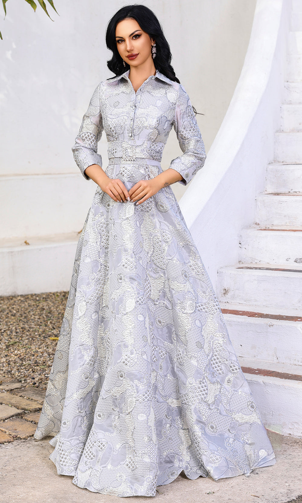 Terani Couture 252M5526 - Brocade A-Line Collared Gown - designer mother of the bride dress at Silhouette Dresses
