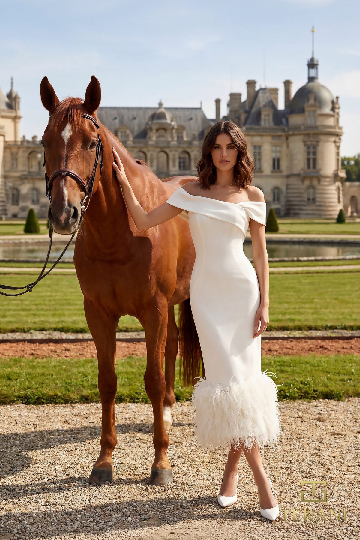 Terani Couture 252C5033 - Off Shoulder Feather Trim Midi Dress - view 4