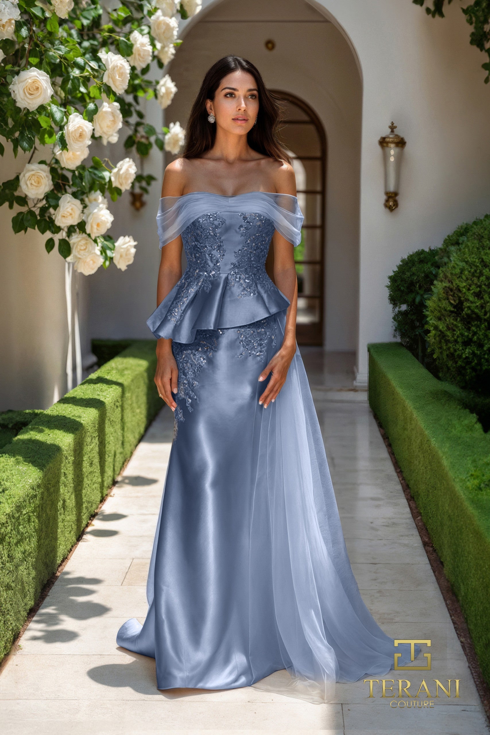 Terani Couture 252M5357 - Off Shoulder Pleated Peplum Gown