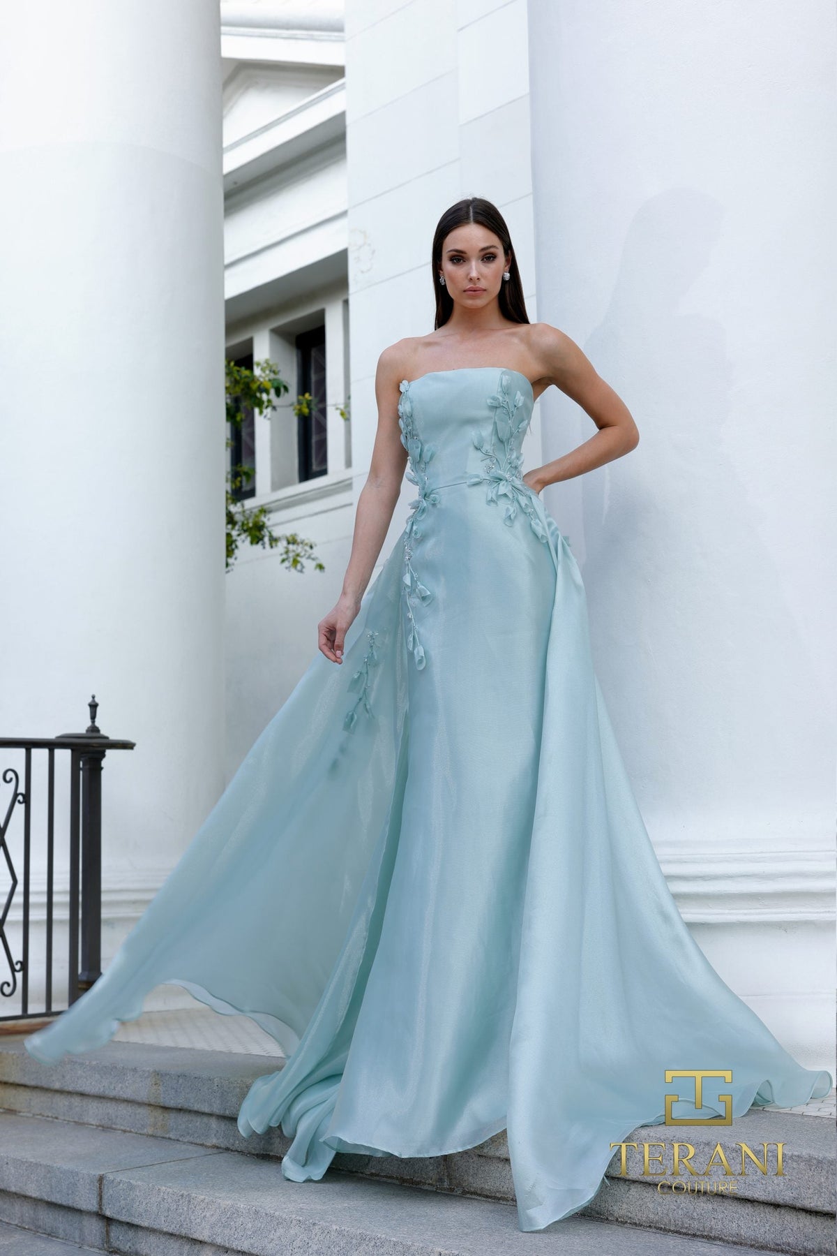 Terani Couture 261E6195 - Straight Neck Crepe Back Satin Dress - back view