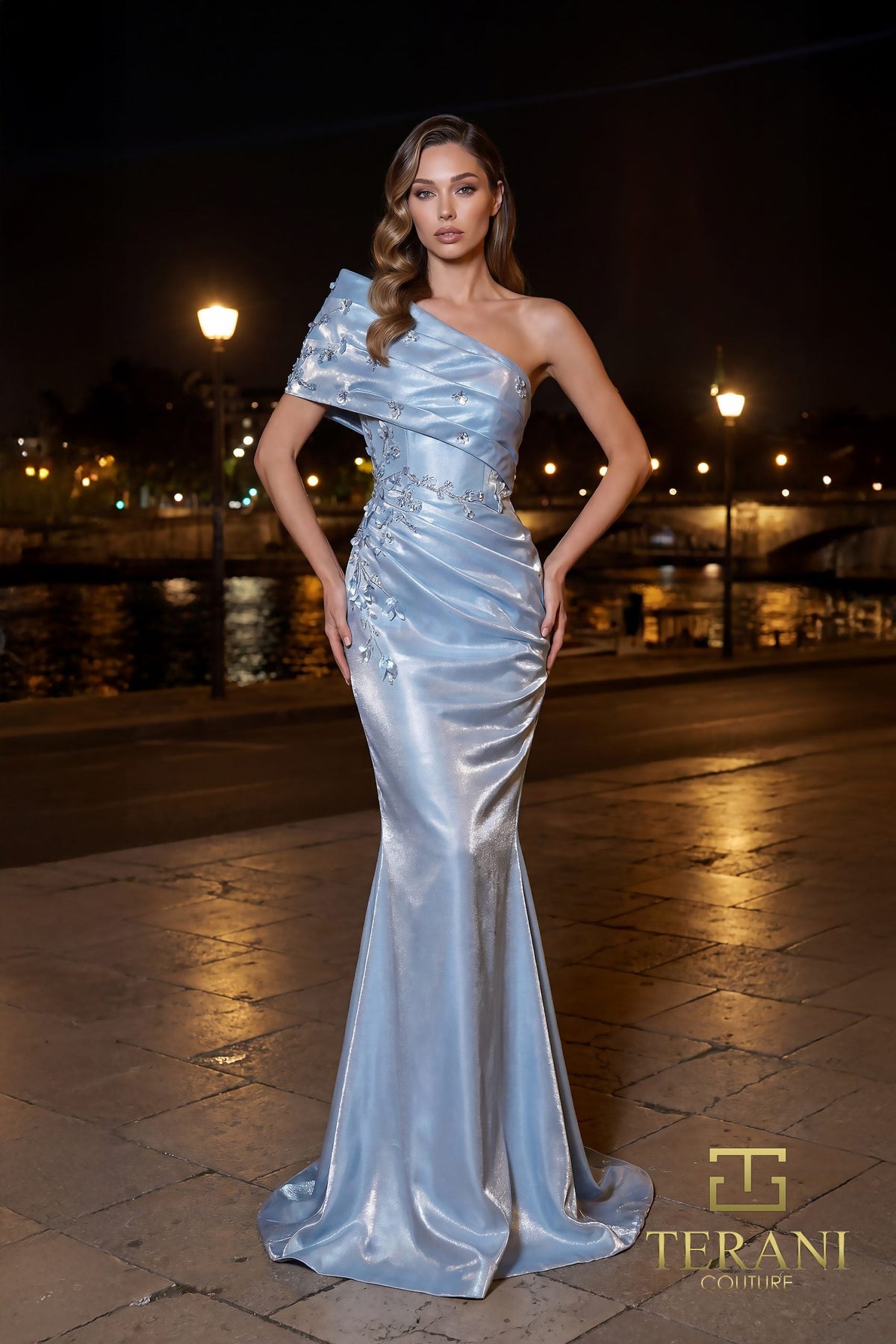 Terani Couture 261E6227 - Asymmetric Neck Shimmer Evening Gown - designer mother of the bride dress at Silhouette Dresses