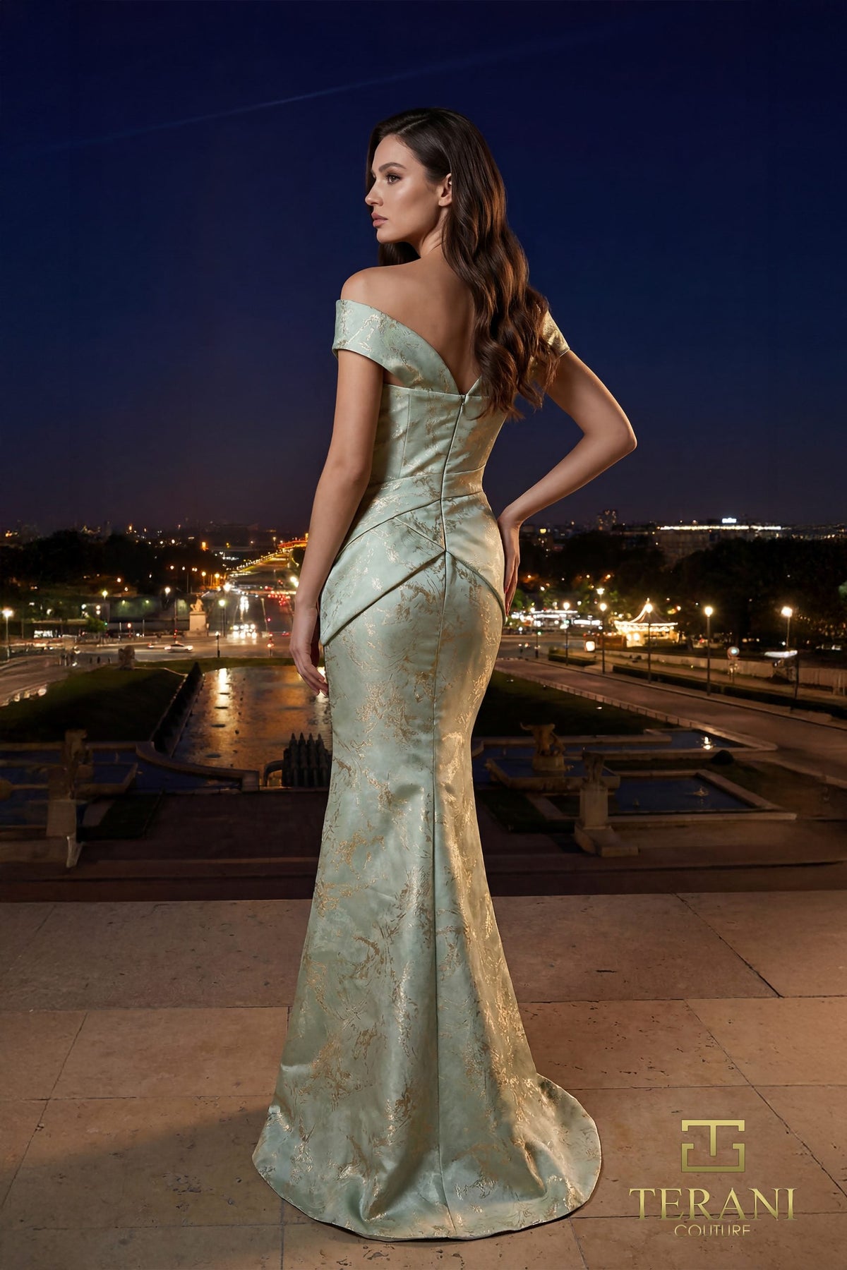 Terani Couture 261E6252 - Off Shoulder Jacquard Gown with Beading - view 4
