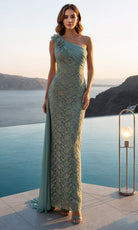 Terani Couture 261E6257 - One Shoulder Lace Gown with Floral Accent - designer formal gown at Silhouette Dresses