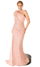 Terani Couture 261E6257 - One Shoulder Lace Gown with Floral Accent - back view