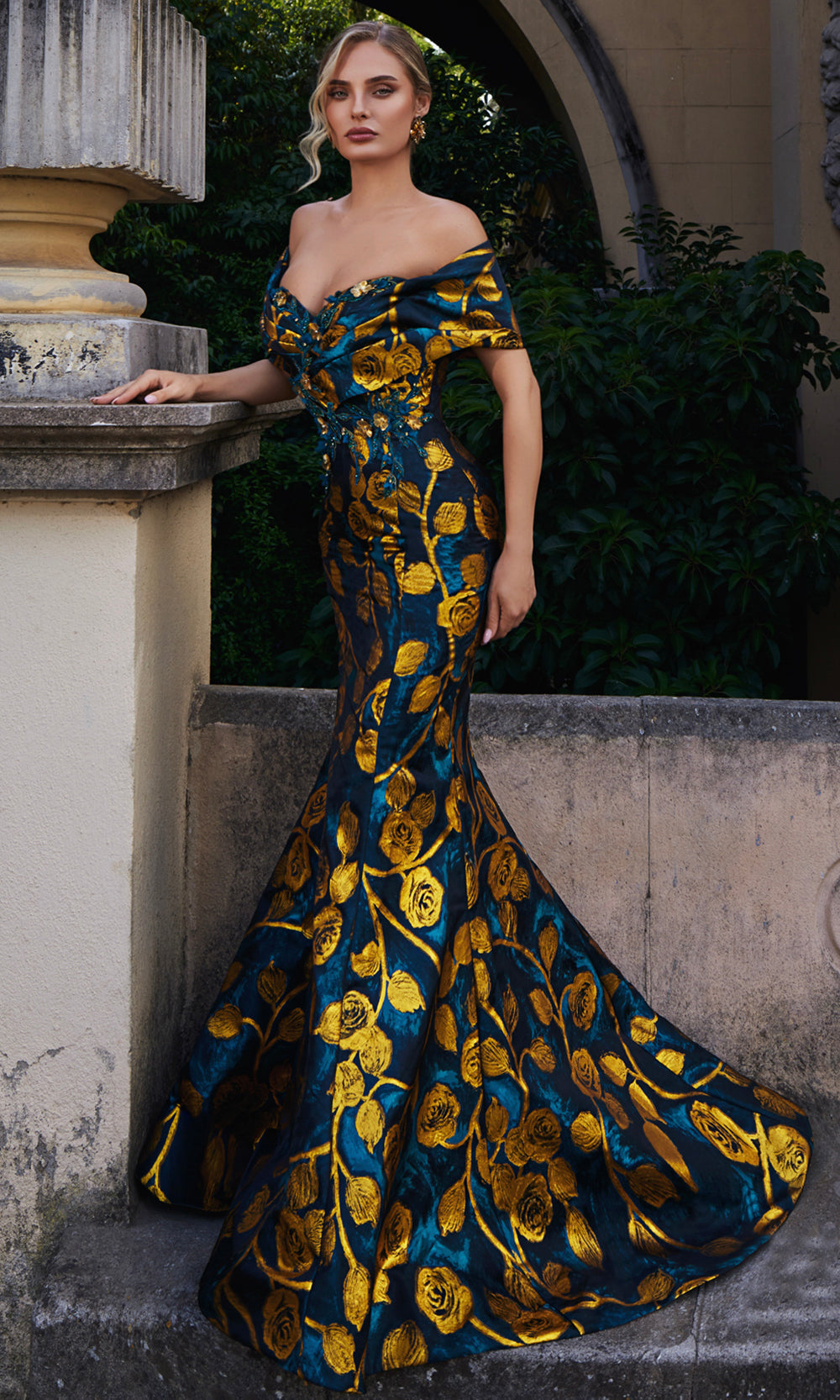 Terani Couture 261E6273 - Off Shoulder Floral Jacquard Evening Gown - designer mother of the bride dress at Silhouette Dresse