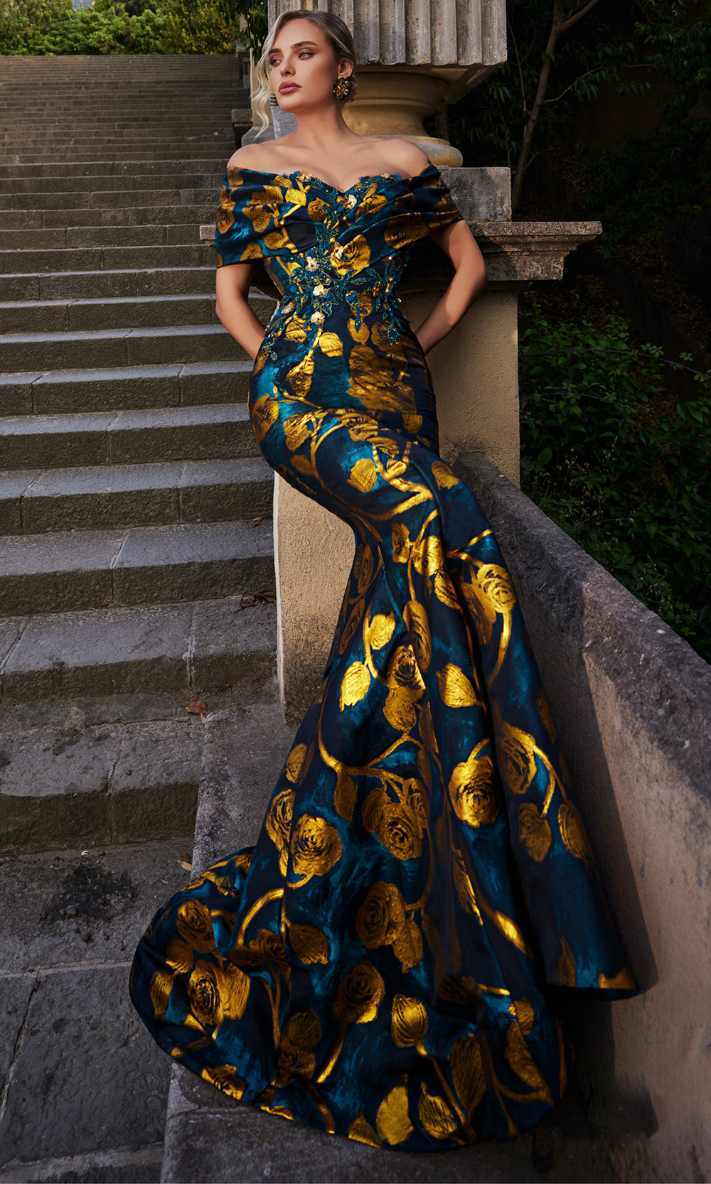 Terani Couture 261E6273 - Off Shoulder Floral Jacquard Evening Gown - back view