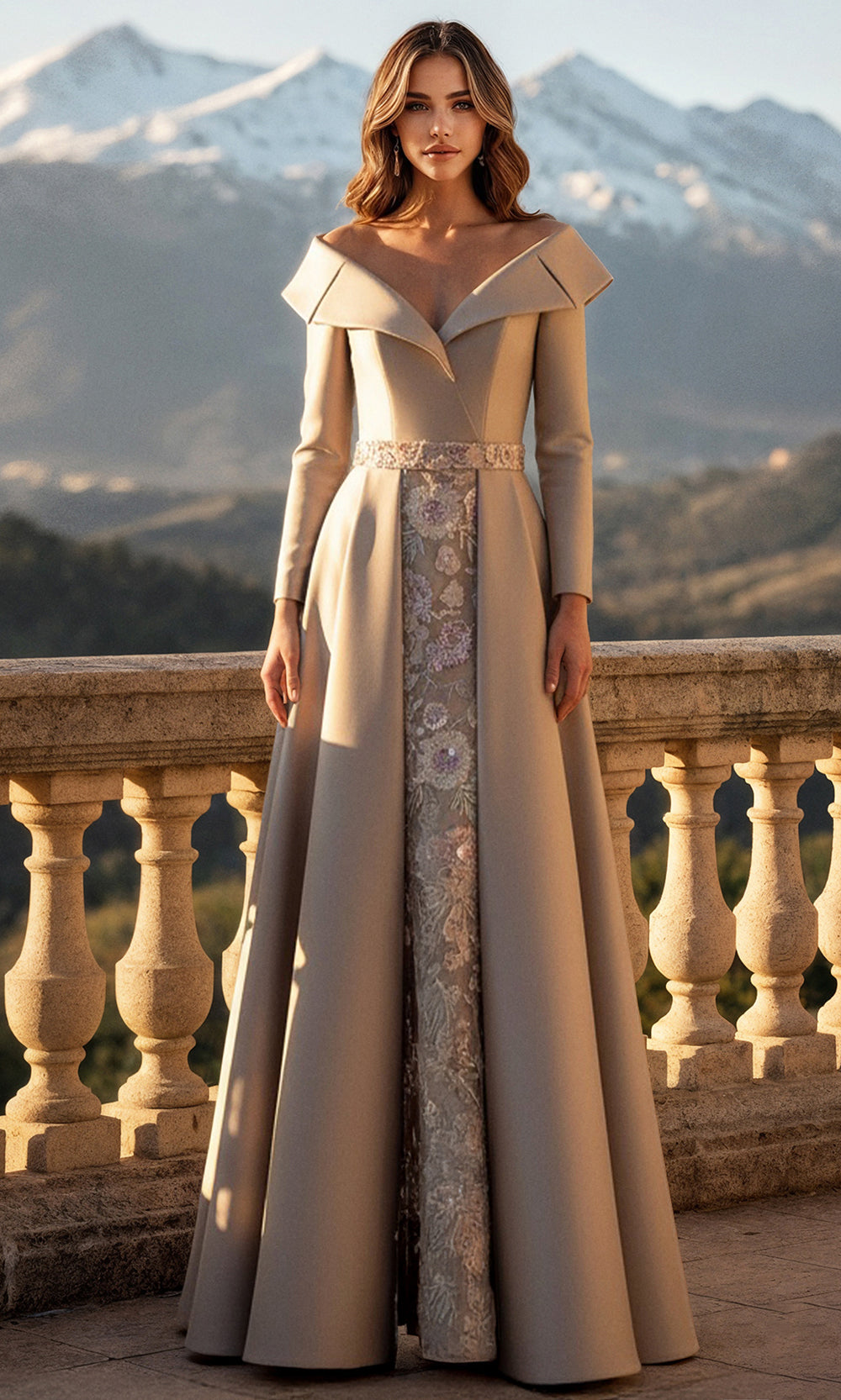 Terani Couture 261M6455 - Off Shoulder Long Sleeve Mikado Gown - back view
