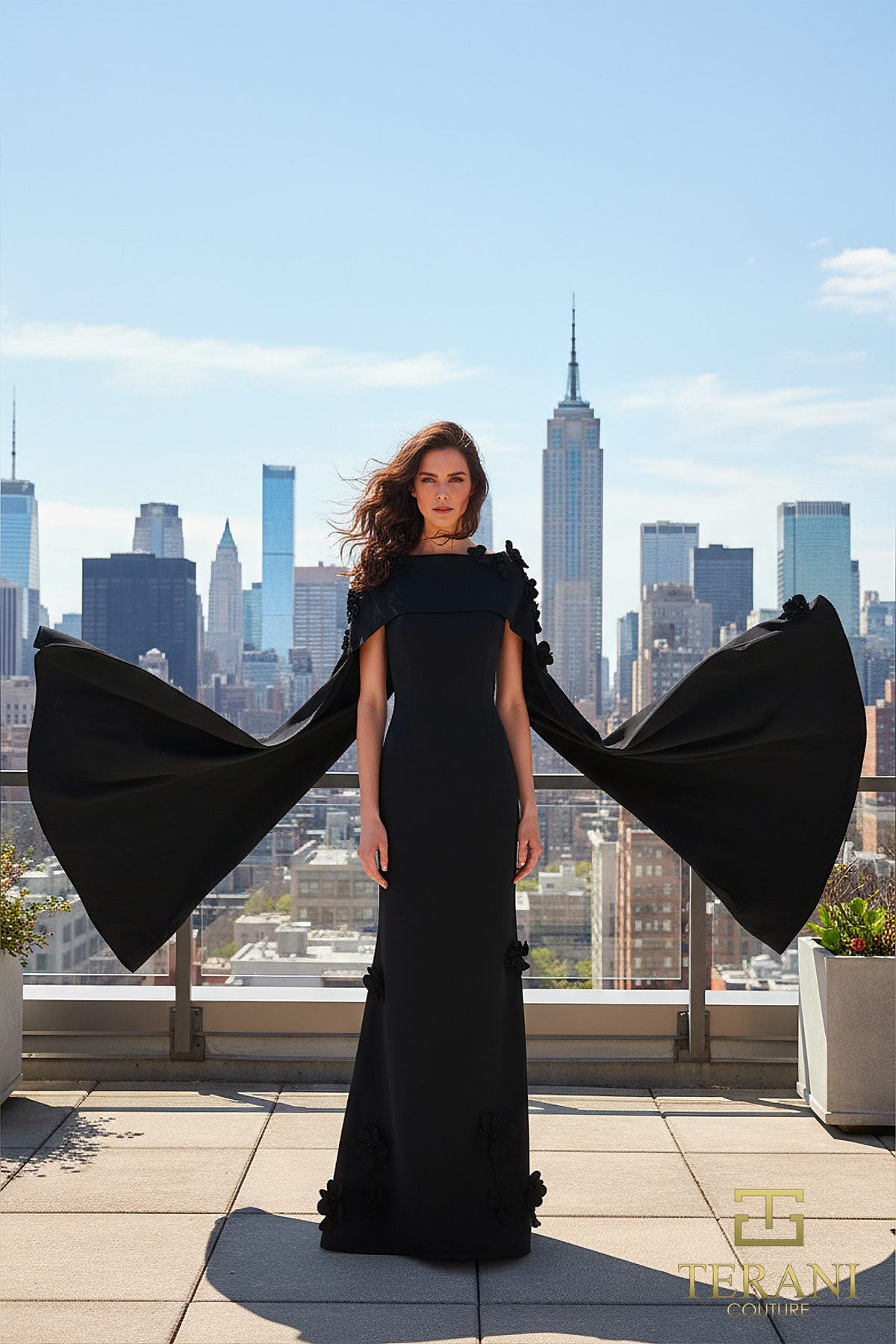 Terani Couture 261M6687 - Bateau Neck Crepe Gown with Cape - designer mother of the bride dress at Silhouette Dresses