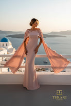 Terani Couture 261M6687 - Bateau Neck Crepe Gown with Cape - detail view