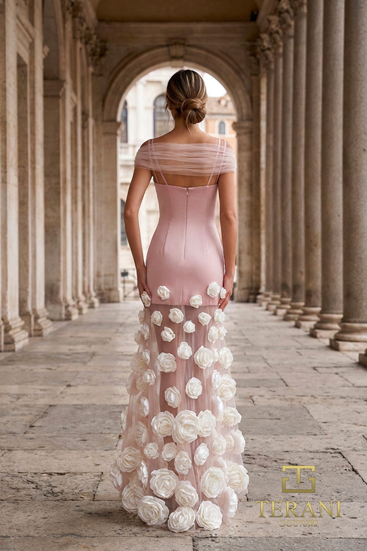 Terani Couture 261P6098 - Square Trumpet Dress with 3D Floral Detail - detail view